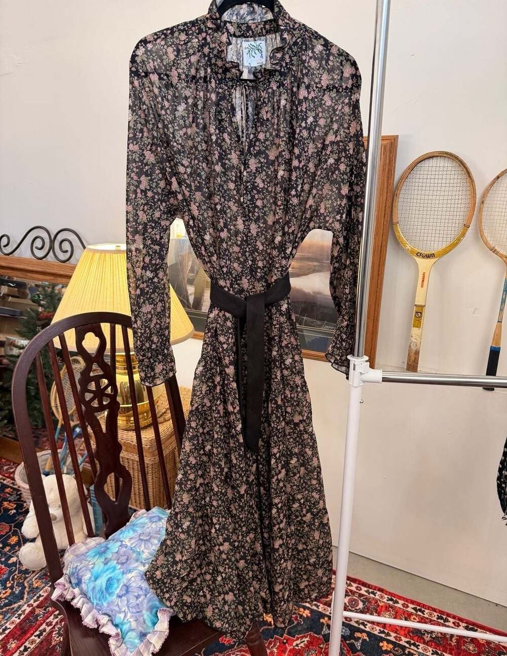 Citrus Floral Midi Dress Black Sheer Chiffon Long Sleeve Ruffle Overlay